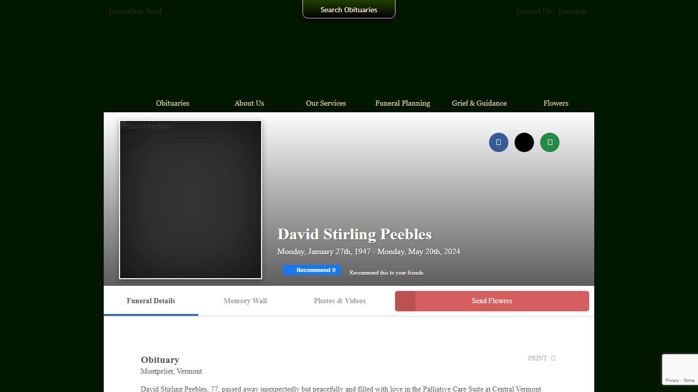 David Stirling Peebles Obituary - Fairfax, VT A W Rich Funeral Home